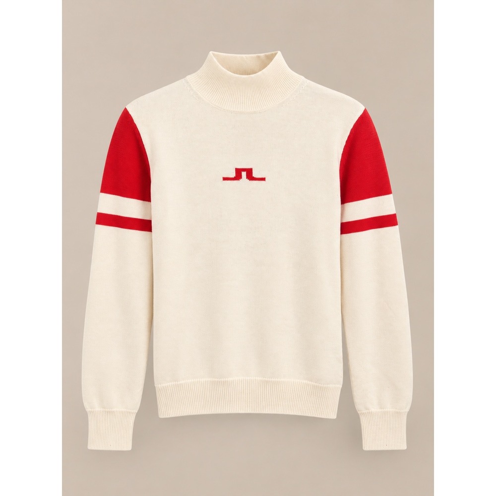 J.Lindeberg Womens Sweater S White Red Leighton-Wool Coolmax Mock Neck Logo